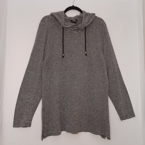 Premise Tops - Women's Premise Black‎ N White Striped Drawstring Hoodie with Side Slits Size XL